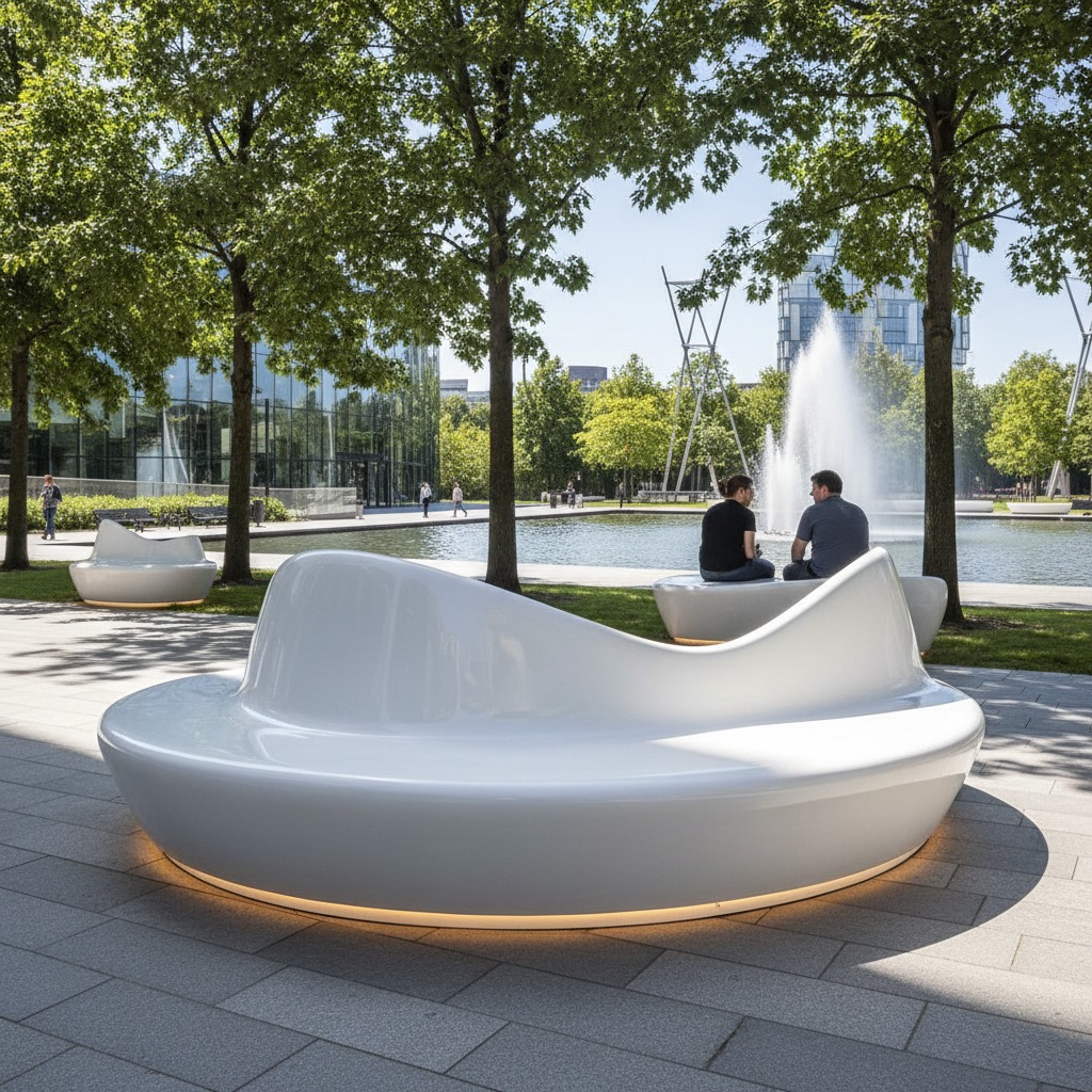 Dois bancos brancos com design orgânico estão instalados em uma praça pavimentada com árvores e fontes ao fundo.